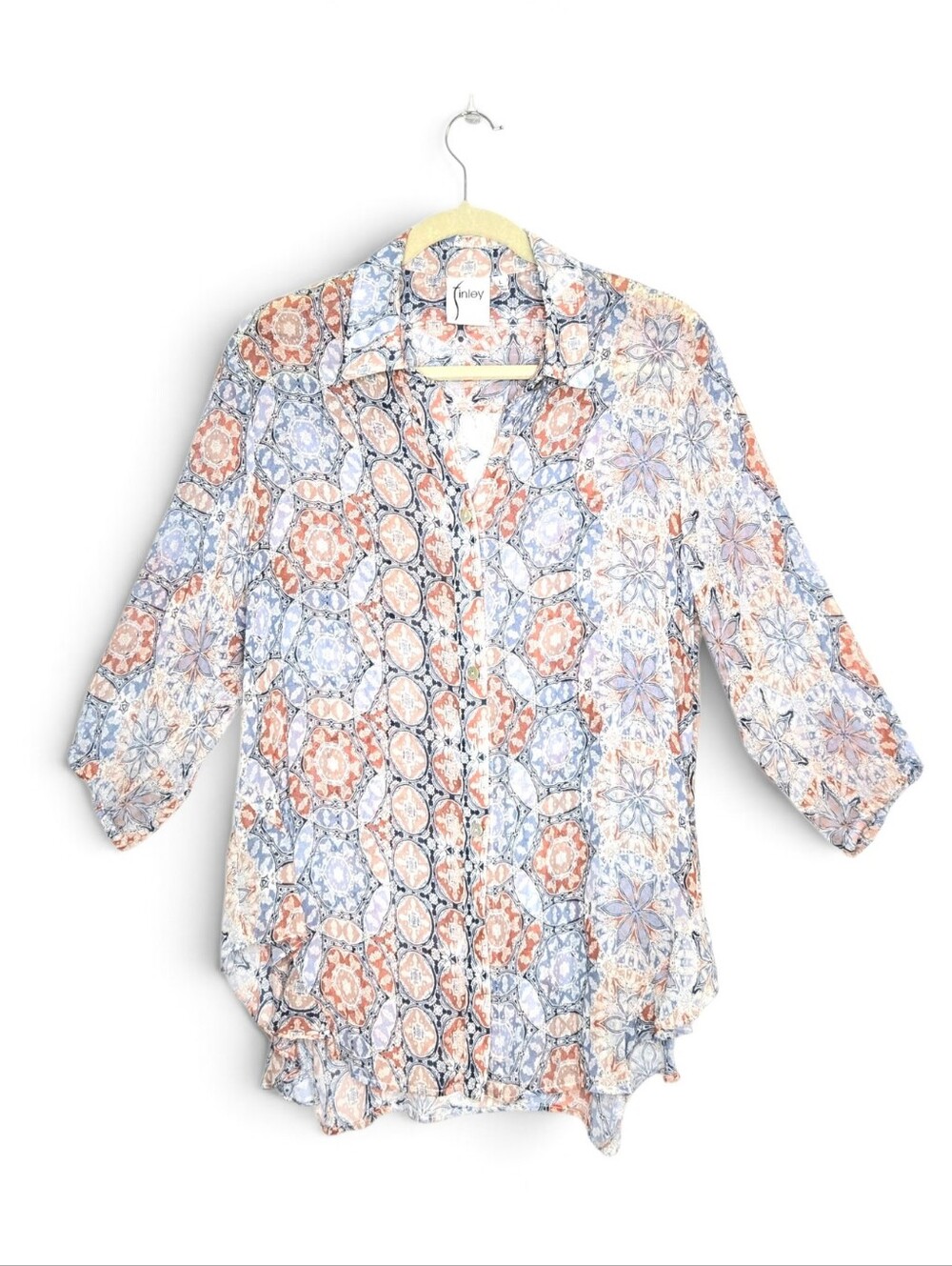 Finley Blouse/top. Blue/coral. Size Large.